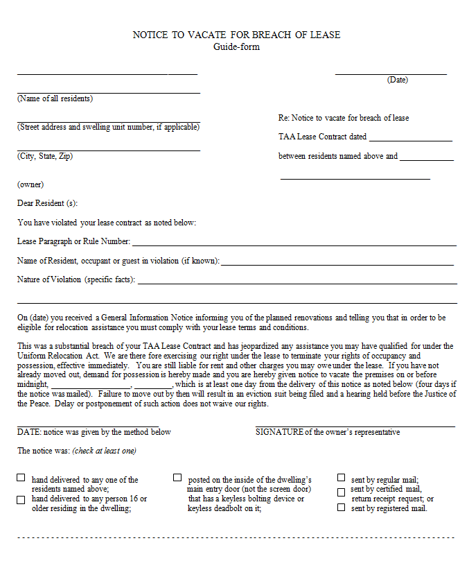 sample eviction notice for breach of lease