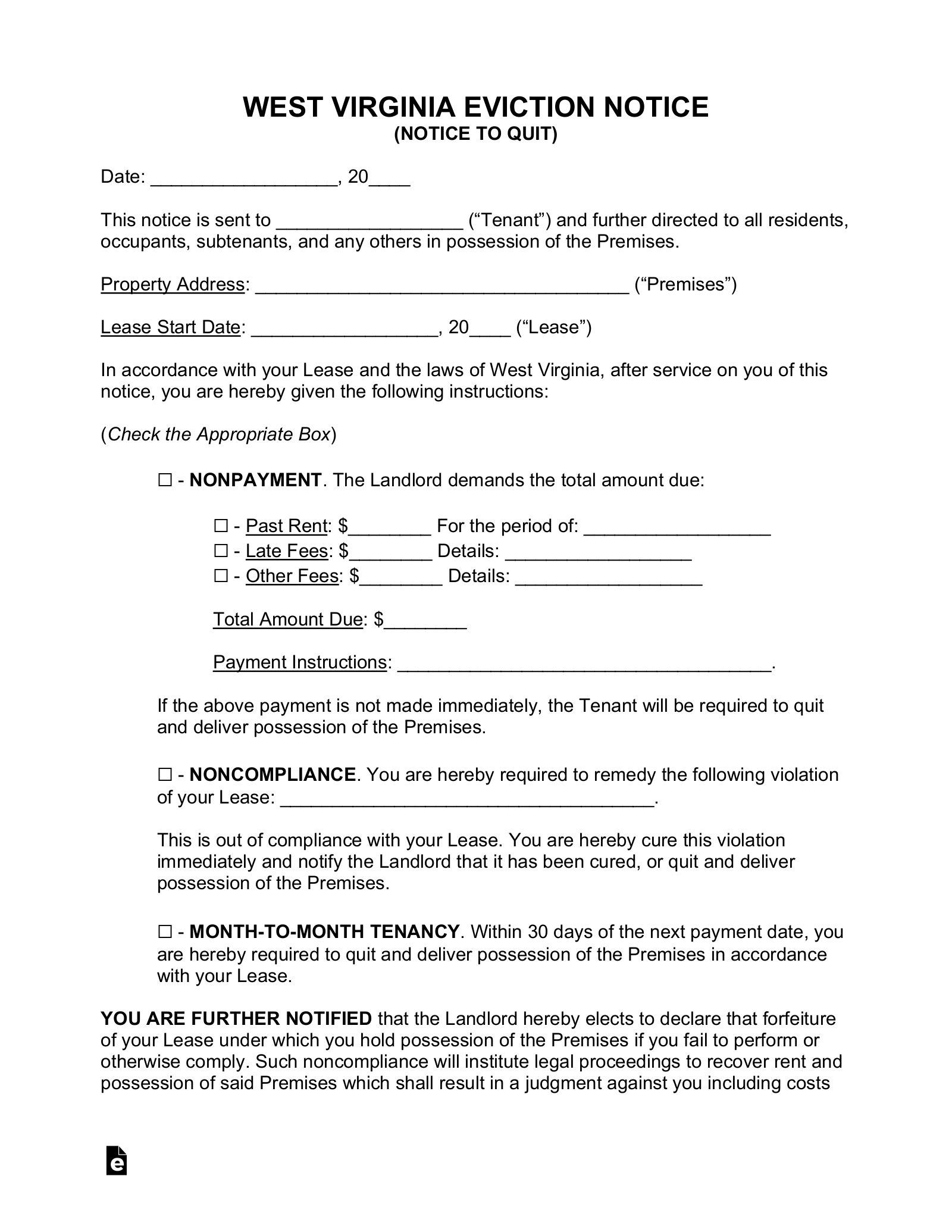 sample eviction notice for breach of lease