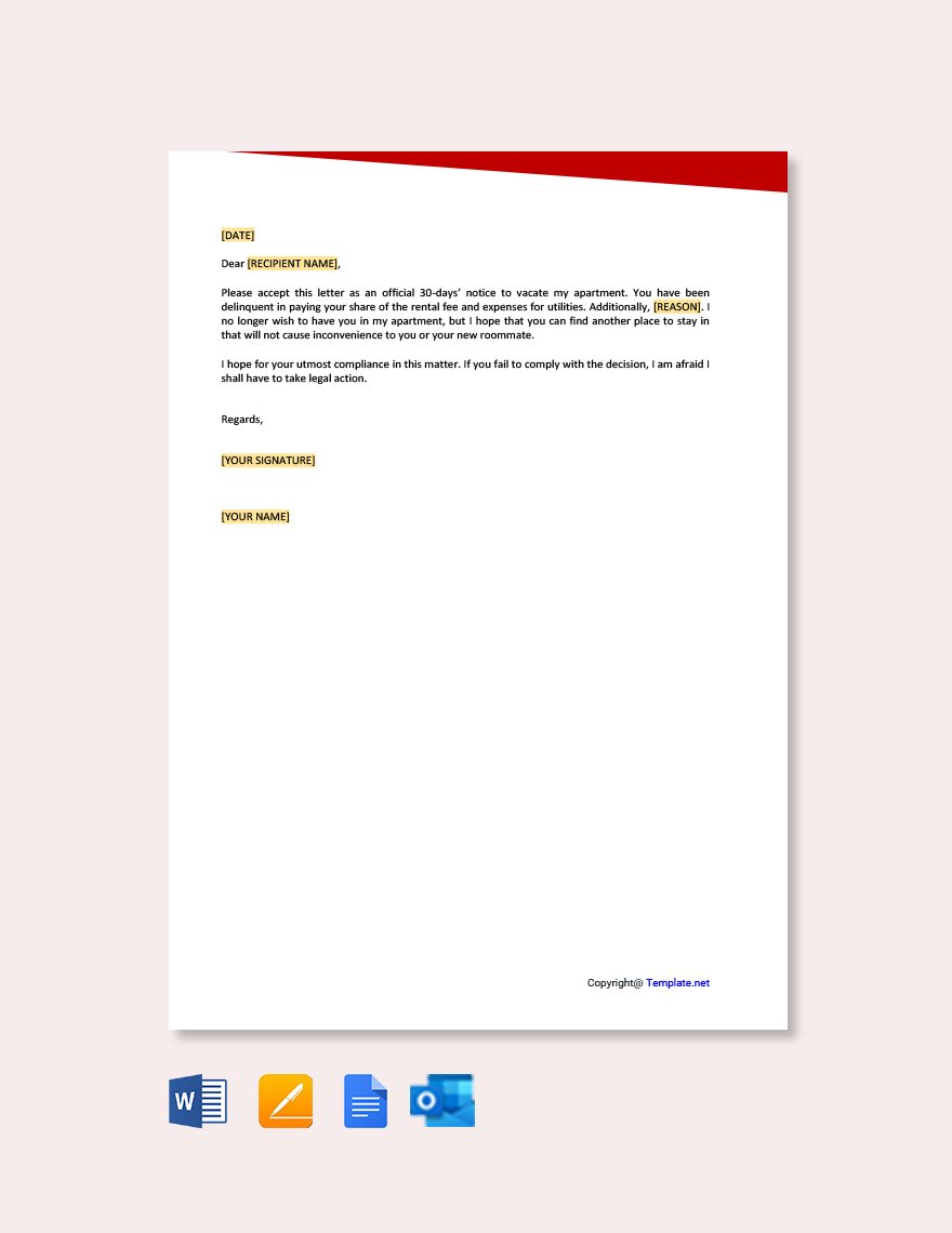 30 Day Notice To Vacate Letter To Roommate in Google Docs, Pages ...