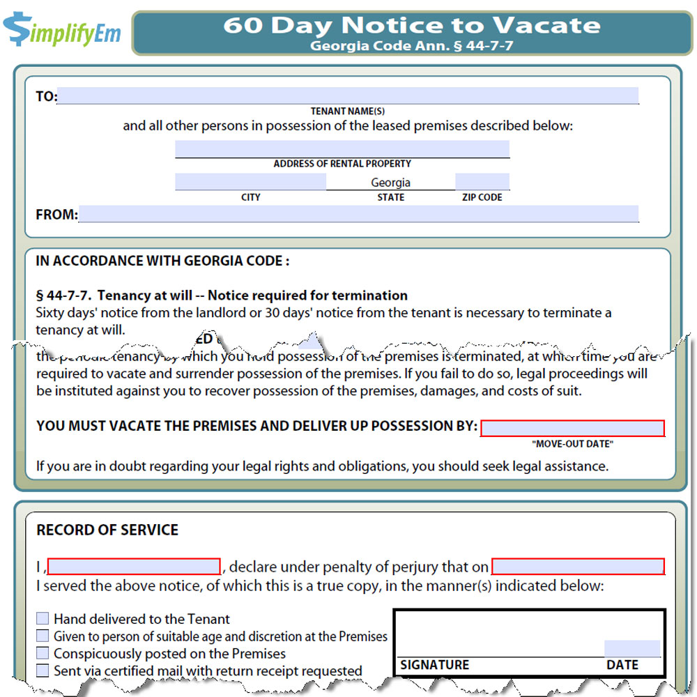 Georgia Notice to Vacate | SimplifyEm.com