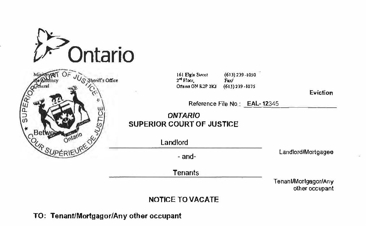 sample eviction notice in ontario