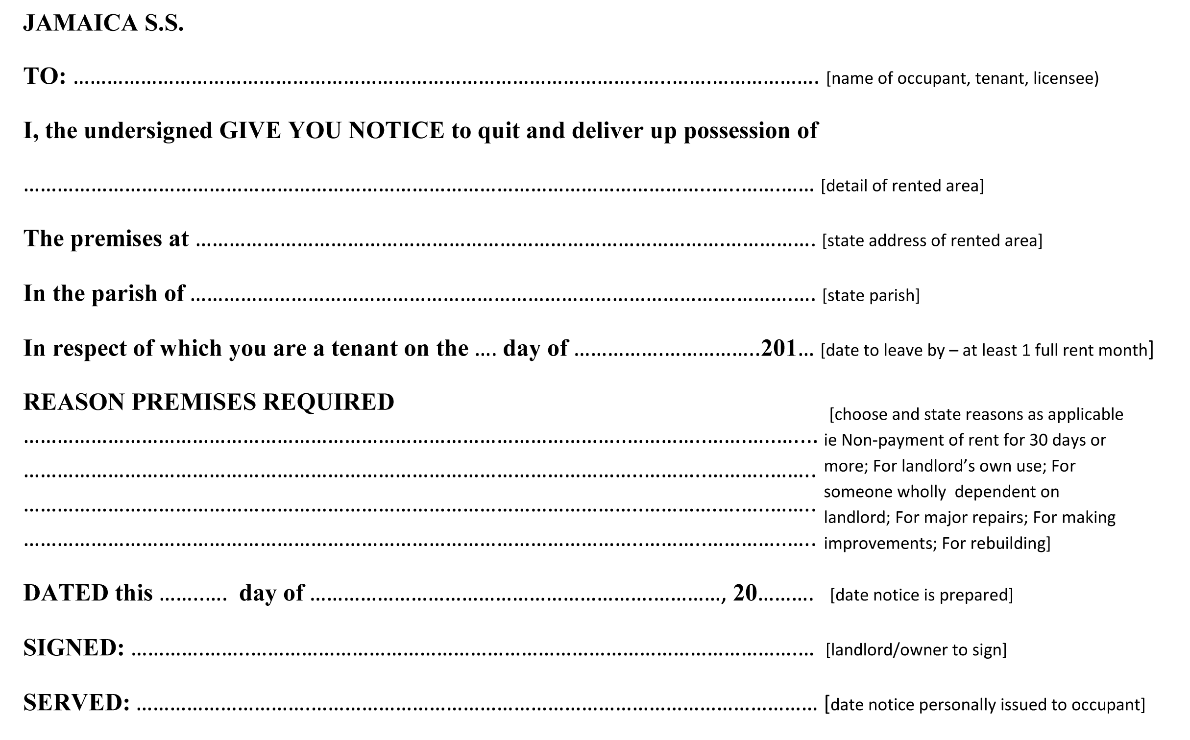 sample eviction notice jamaica