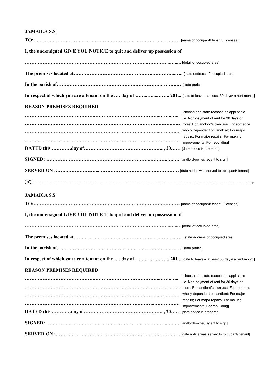 sample eviction notice jamaica
