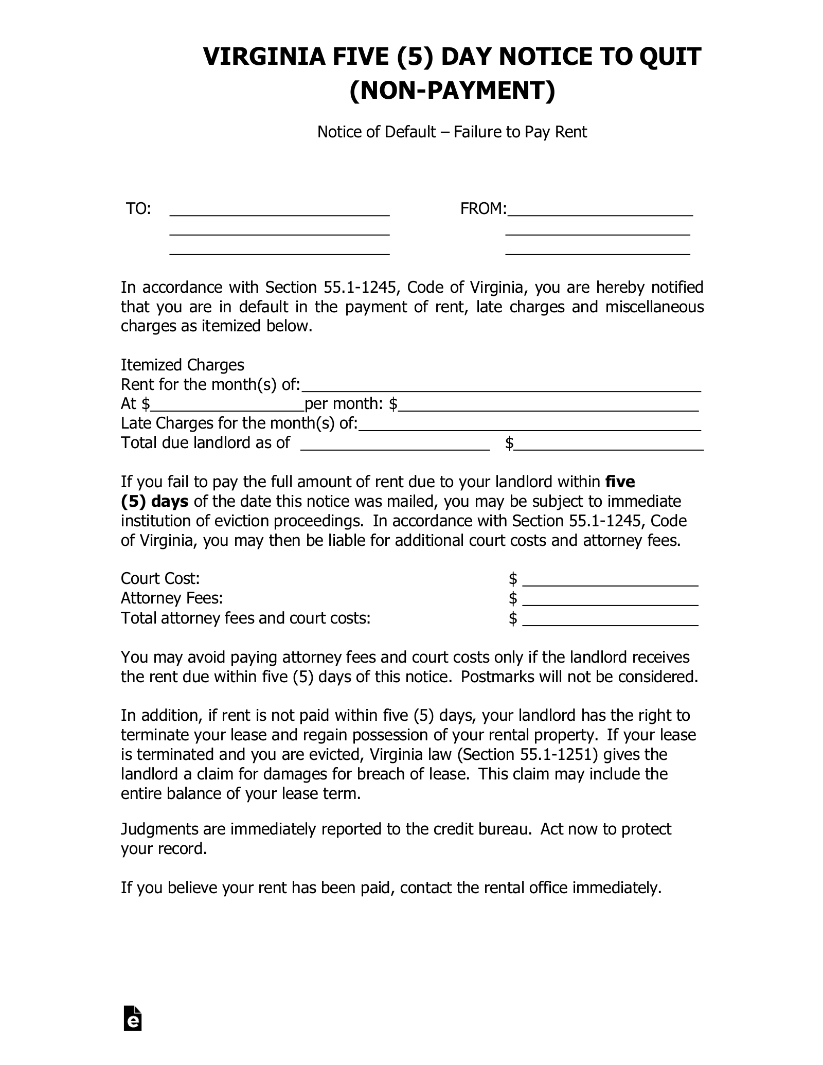Free Virginia 5-Day Notice to Quit Form | Non-Payment of Rent ...