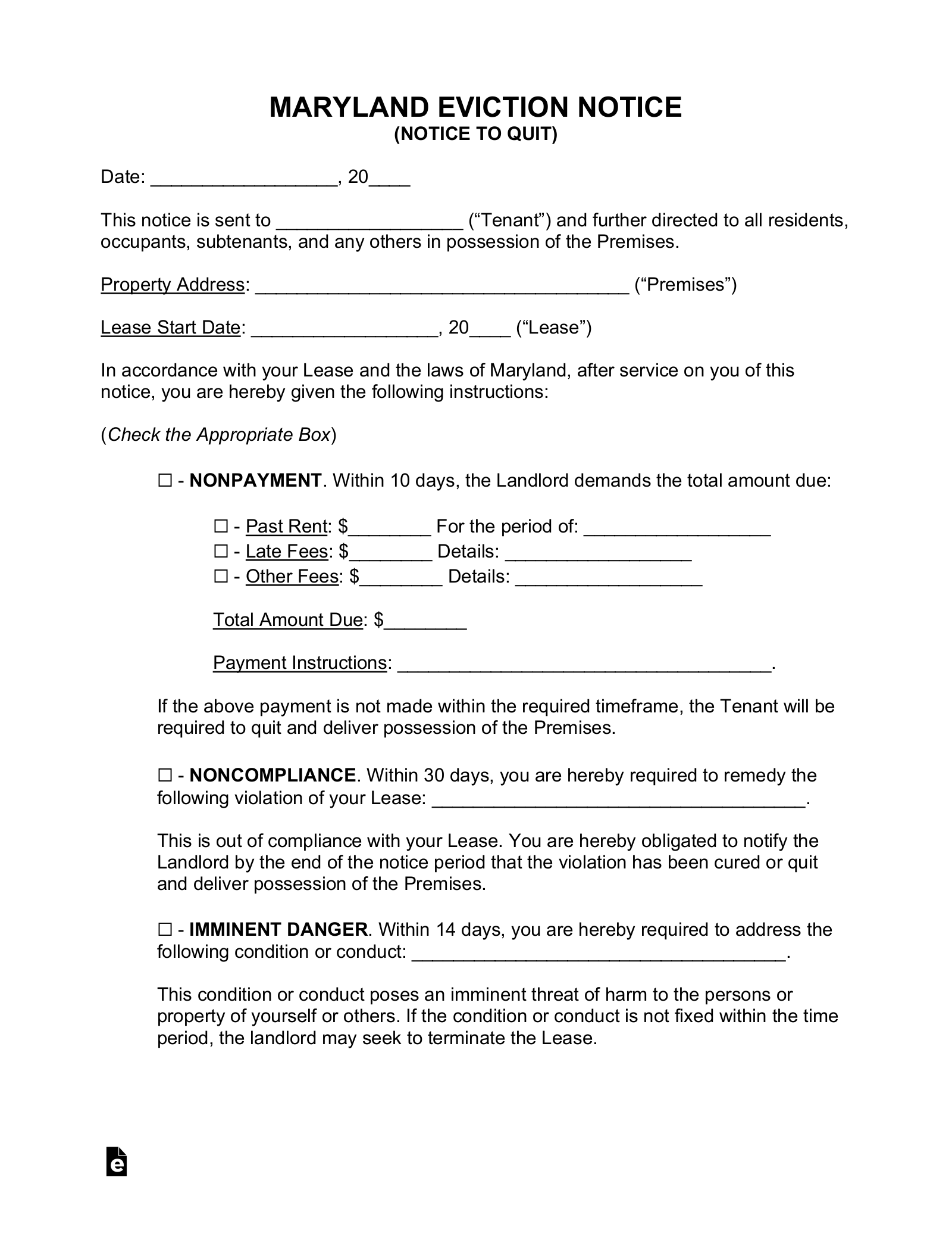 sample eviction notice letter maryland