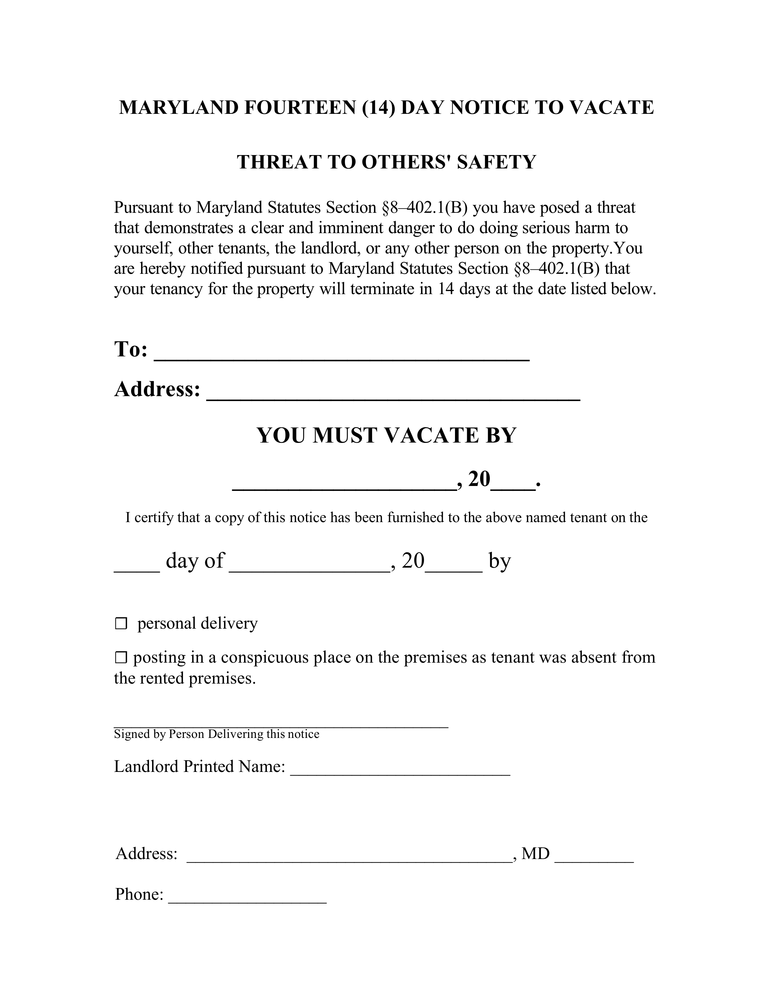 sample eviction notice letter maryland