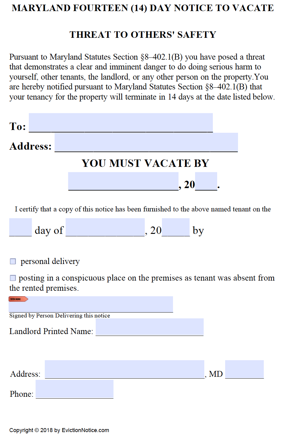 sample eviction notice letter maryland