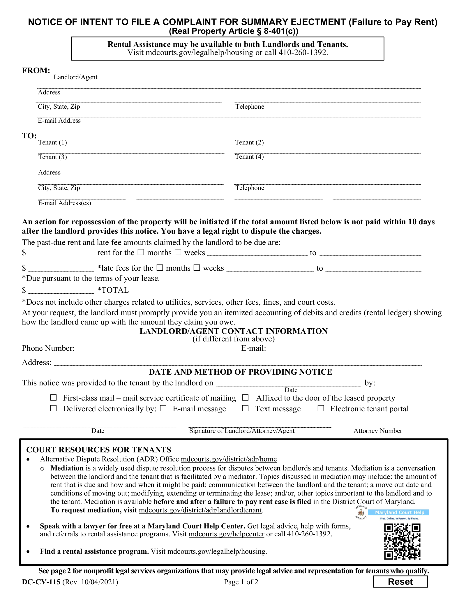 sample eviction notice letter maryland