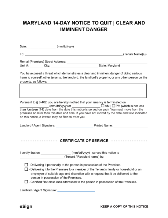 sample eviction notice letter maryland