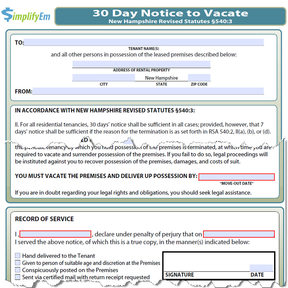 New Hampshire Notice to Vacate | SimplifyEm.com
