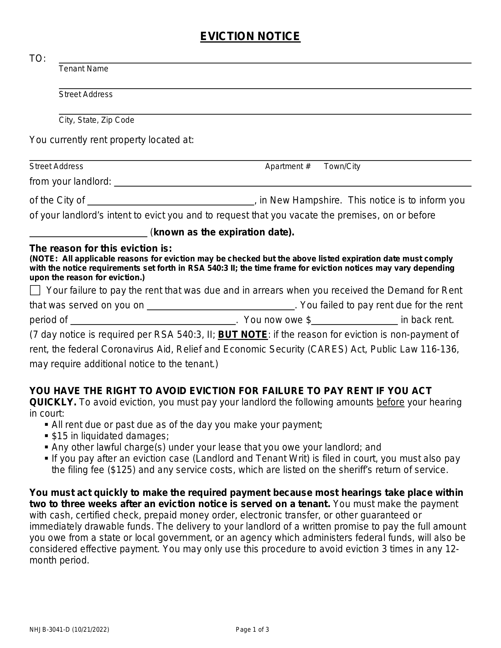 sample eviction notice new hampshire