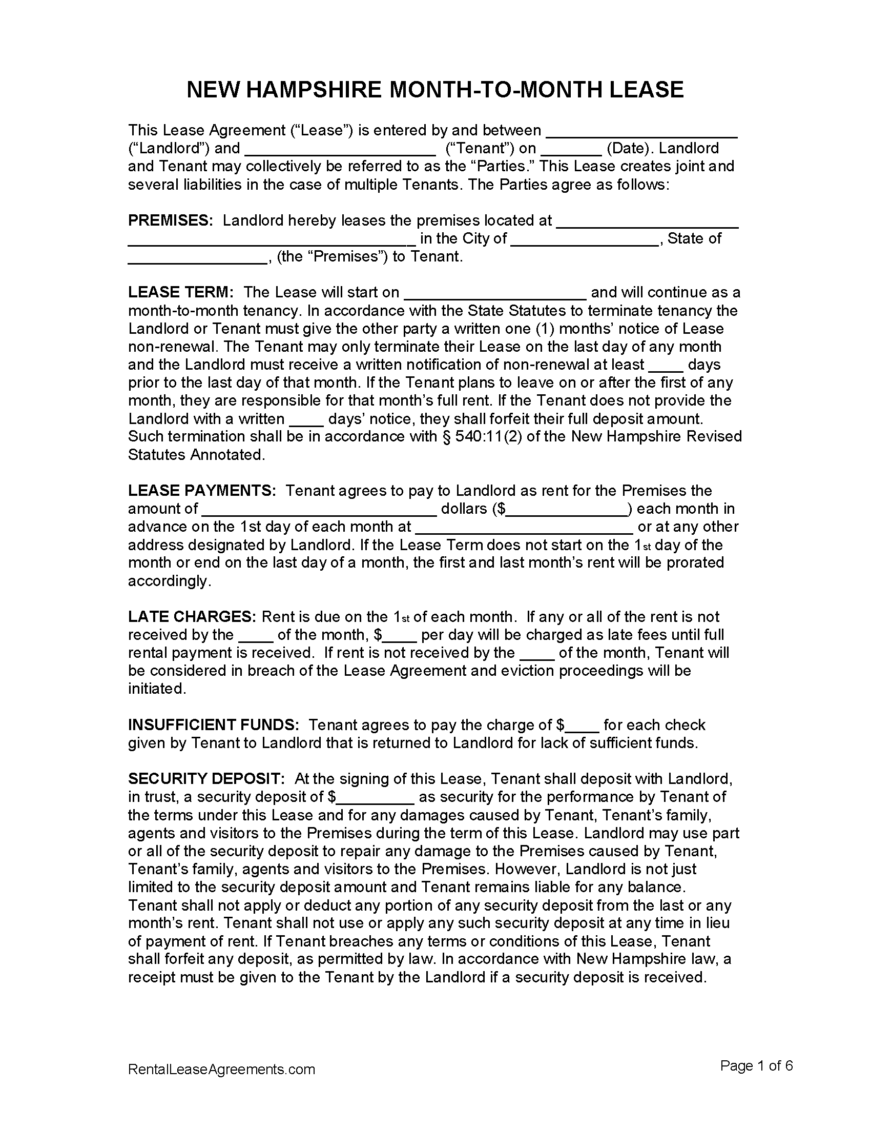 Free New Hampshire Month-to-Month Lease Agreement | PDF - MS Word