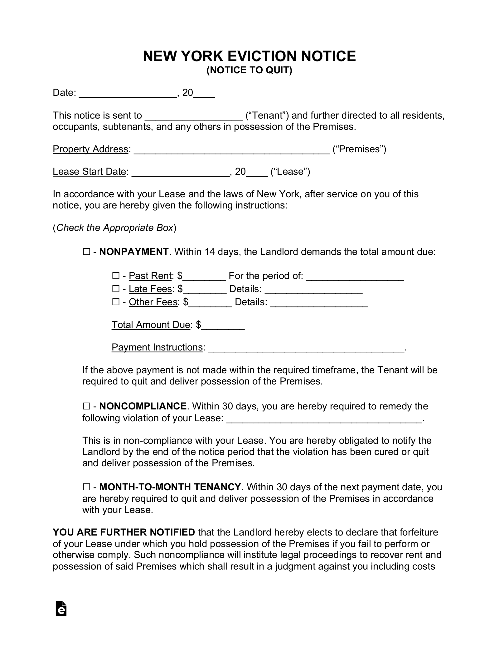 Free New York Eviction Notice Forms (3) - PDF | Word - eForms