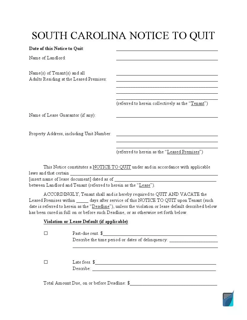 Free South Carolina Eviction Notice Forms | SC Notice to Quit ...
