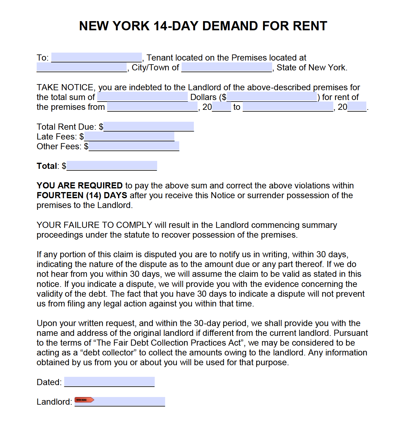 Free New York Fourteen (14) Day Notice to Quit | NonPayment of ...