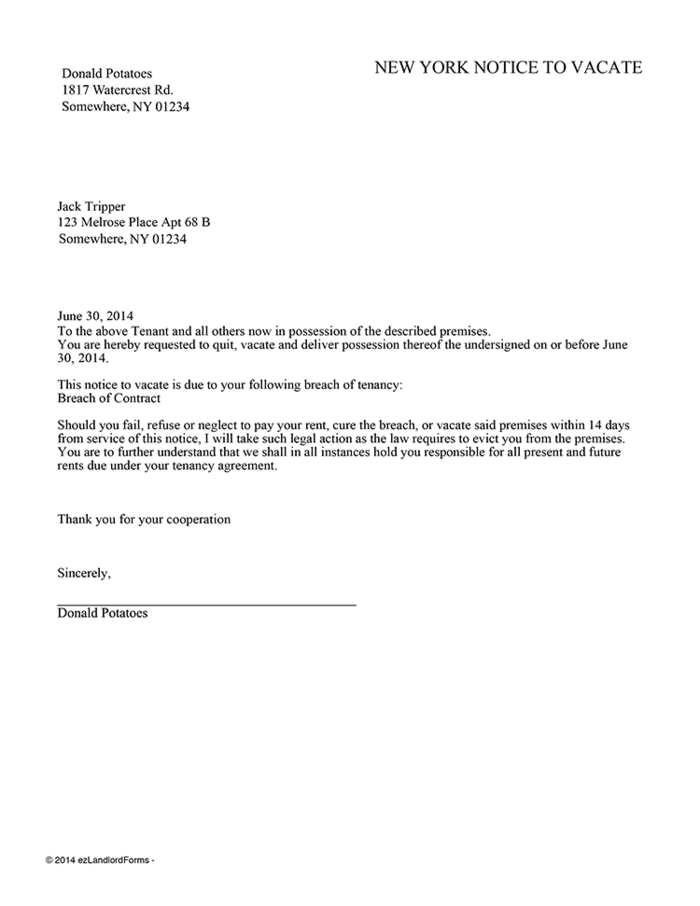 New York Notice to Vacate | ezLandlordForms