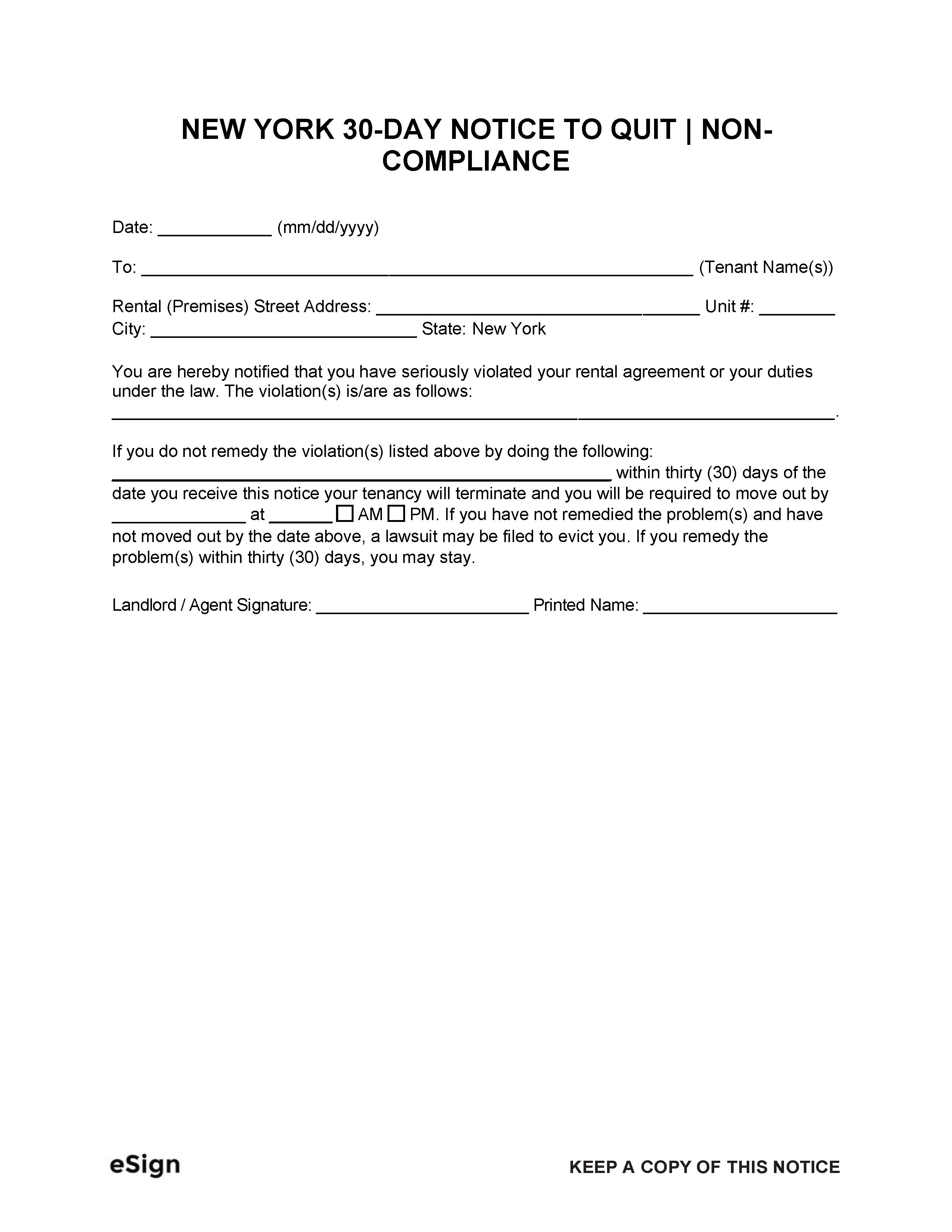 Free New York 30-Day Notice to Quit | Non-Compliance | PDF | Word