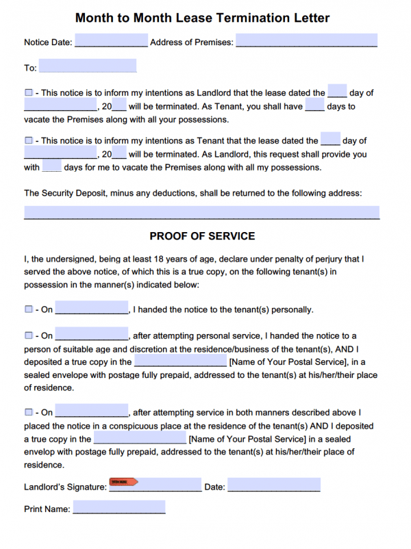 Free Lease Termination Letter Template | For Month to Month Tenancy