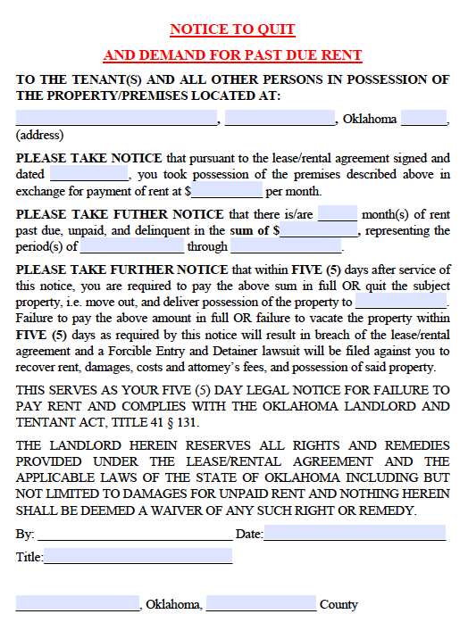Free Oklahoma 5 Day Notice to Quit | PDF