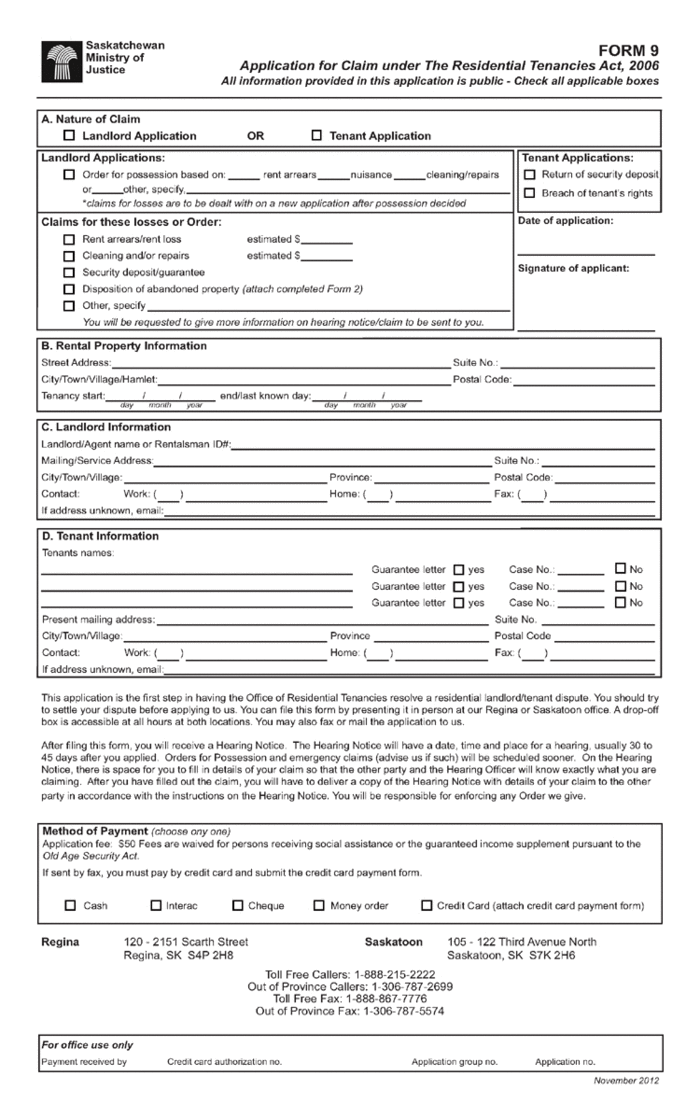 SK Form 9: Application for Claim with the ORT under the ...