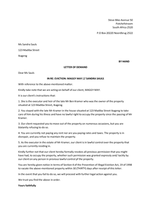 sample eviction notice south africa