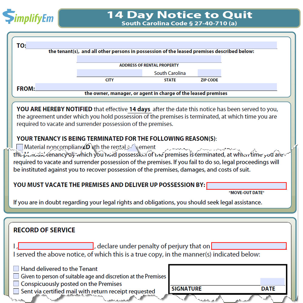 sample eviction notice south carolina