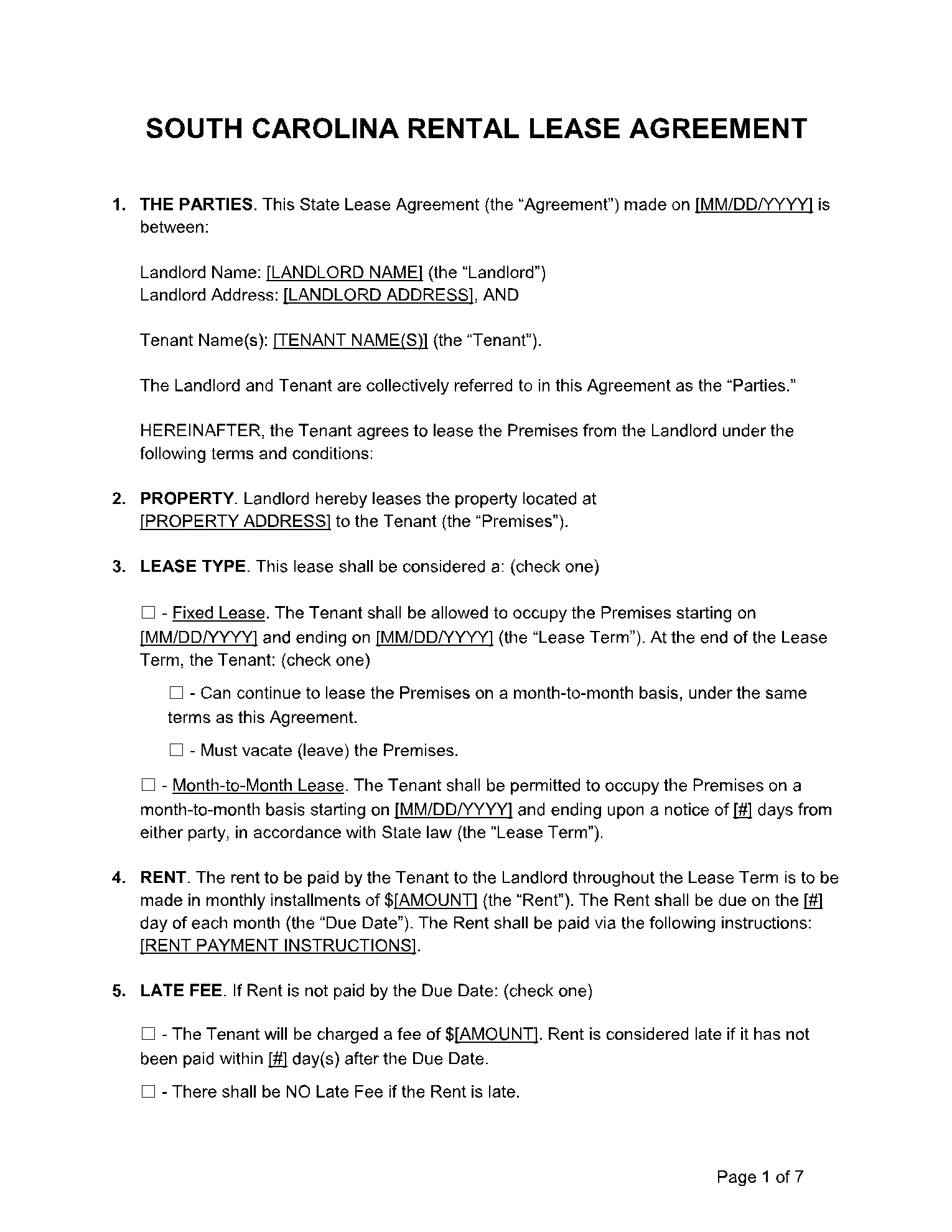 Free South Carolina Residential Lease Agreement | CocoSign