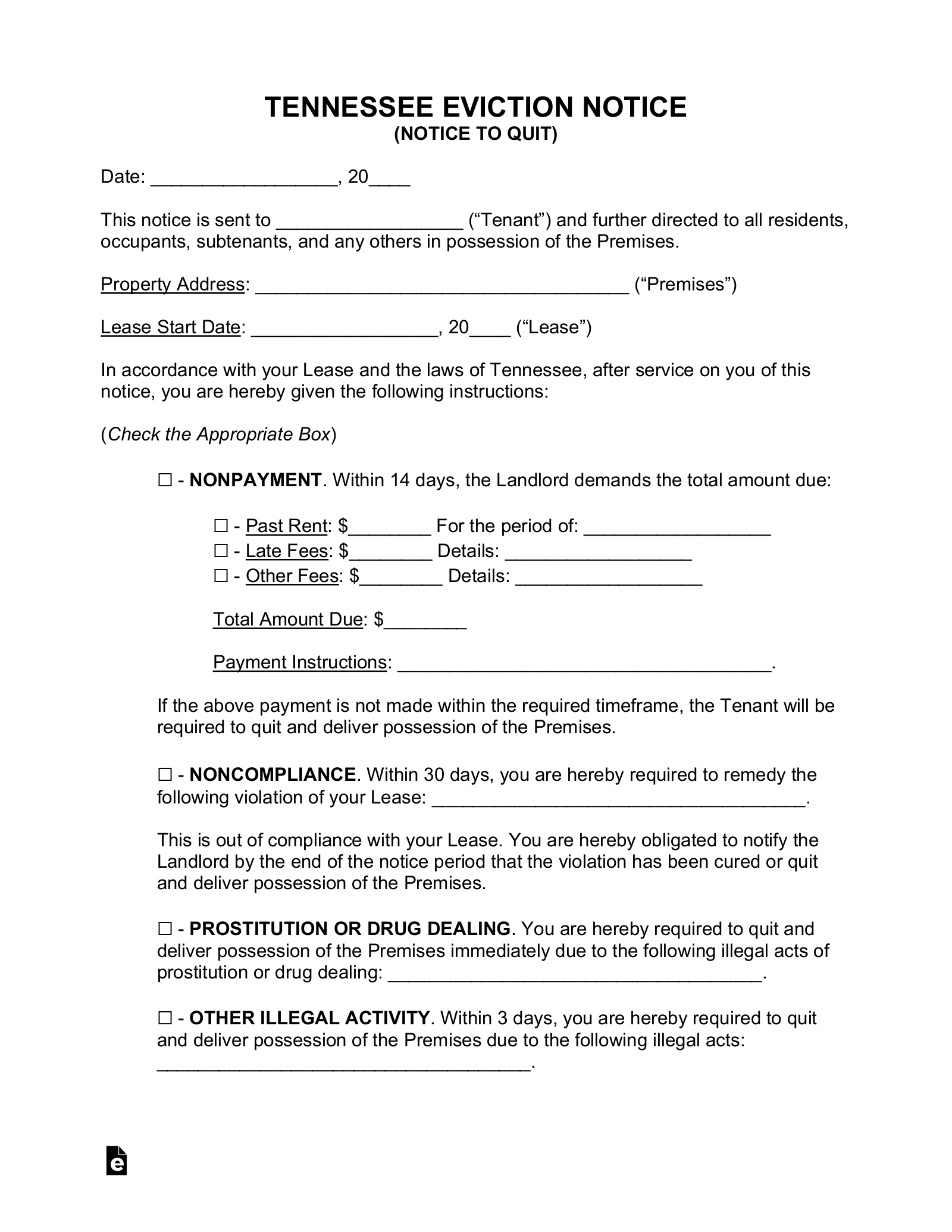 Free Tennessee Eviction Notice Forms (5) - PDF | Word - eForms