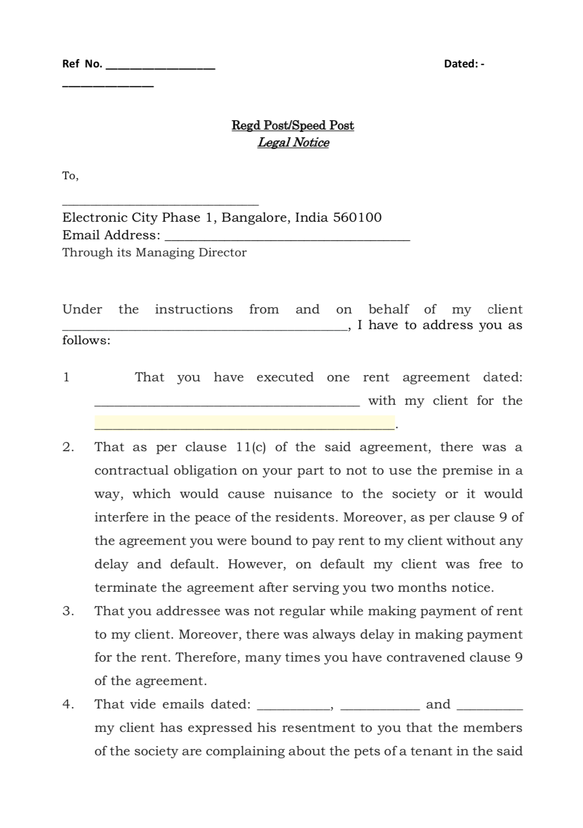 sample eviction notice to tenant in india