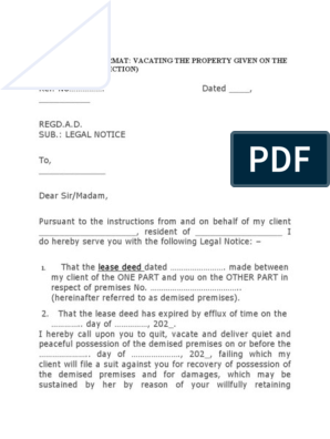 sample eviction notice to tenant in india