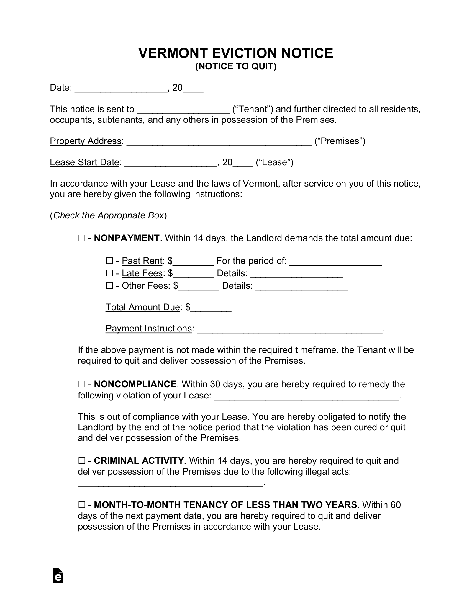 sample eviction notice vermont