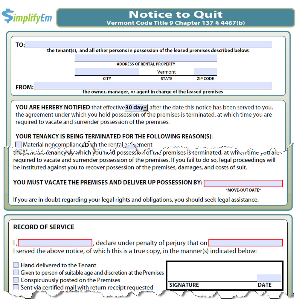 sample eviction notice vermont