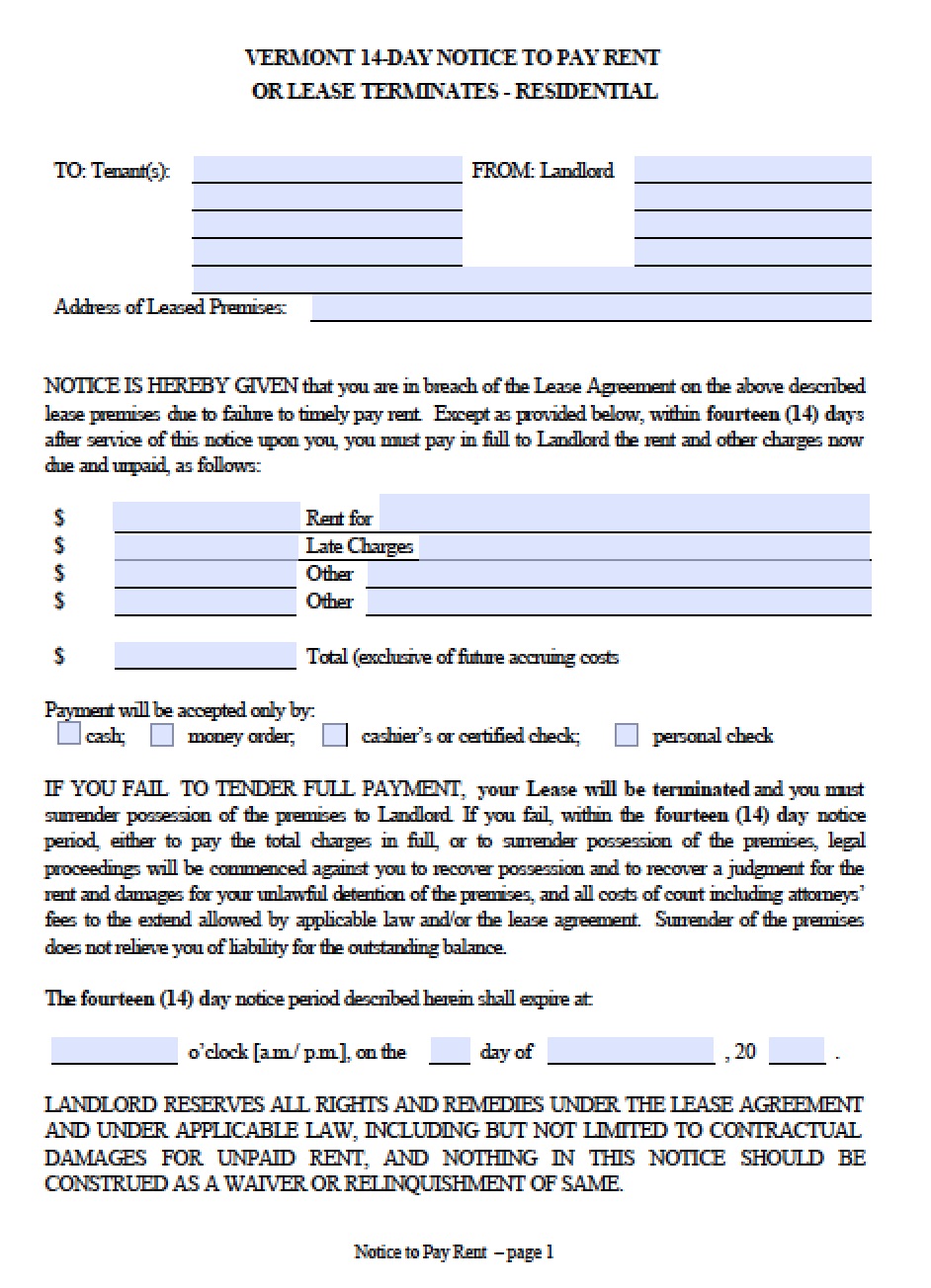 Free Vermont Fourteen (14) Day Notice to Pay Rent | Eviction ...