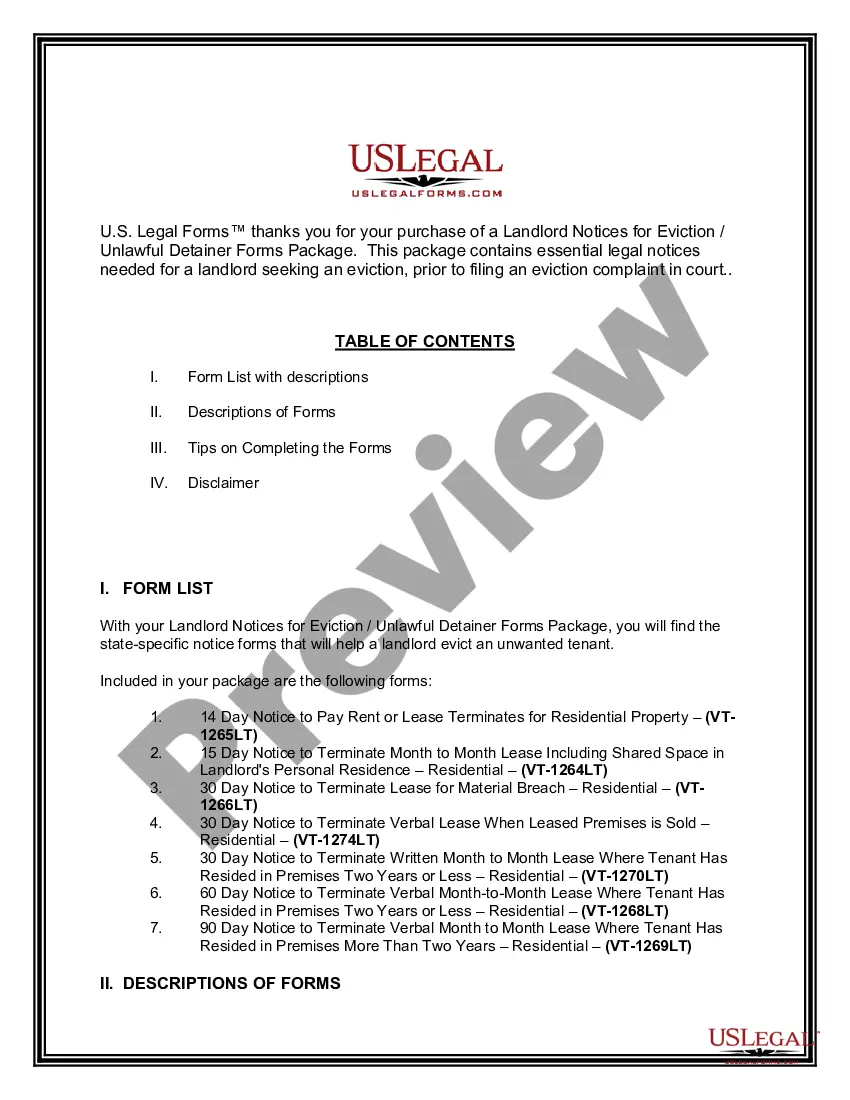 Vermont Landlord Notices for Eviction / Unlawful Detainer Forms ...