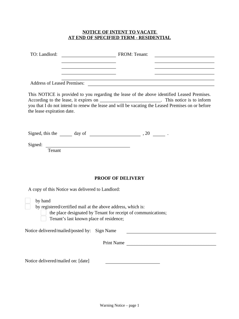 Notice of Intent to Vacate at End of Specified Lease Term from ...