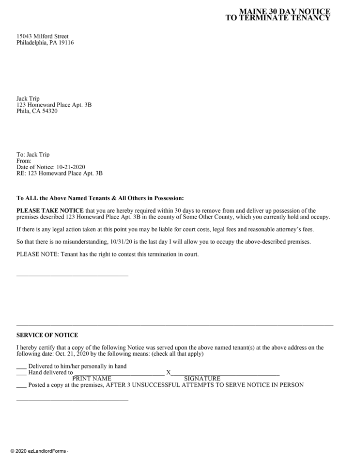 Maine 30 Day Notice to Terminate Tenancy | ezLandlordForms