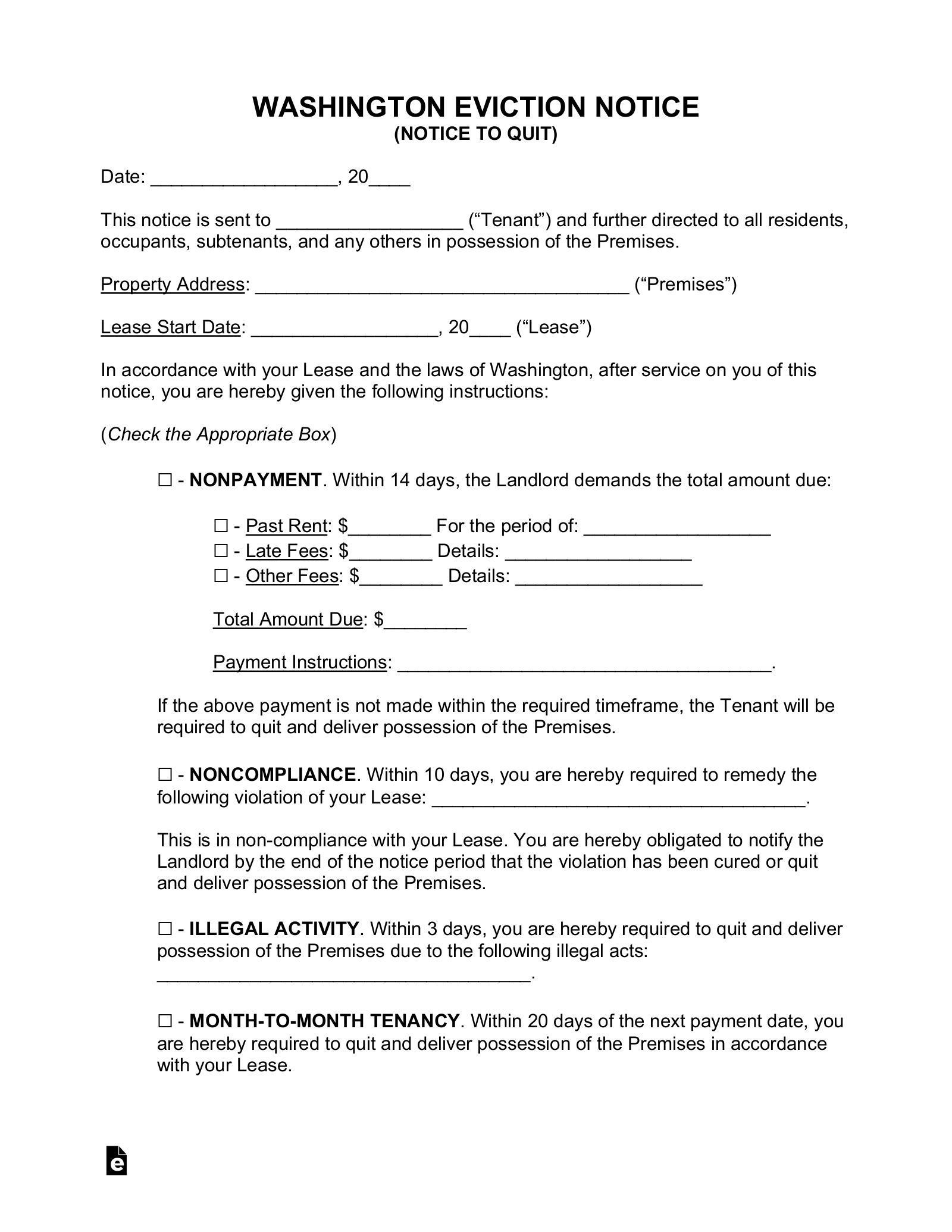 sample eviction notice washington state