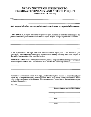 90 day Notice of Intention to Terminate Tenancy and Notice to Quit ...