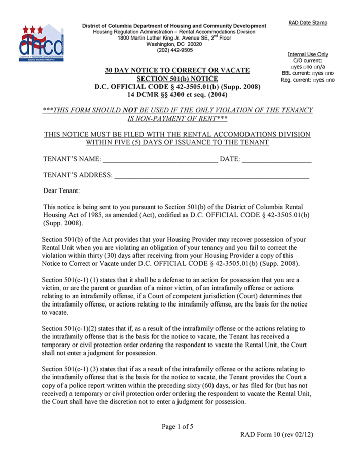 D.C. 30 Day Notice to Correct or Vacate (RAD Form 10 ...