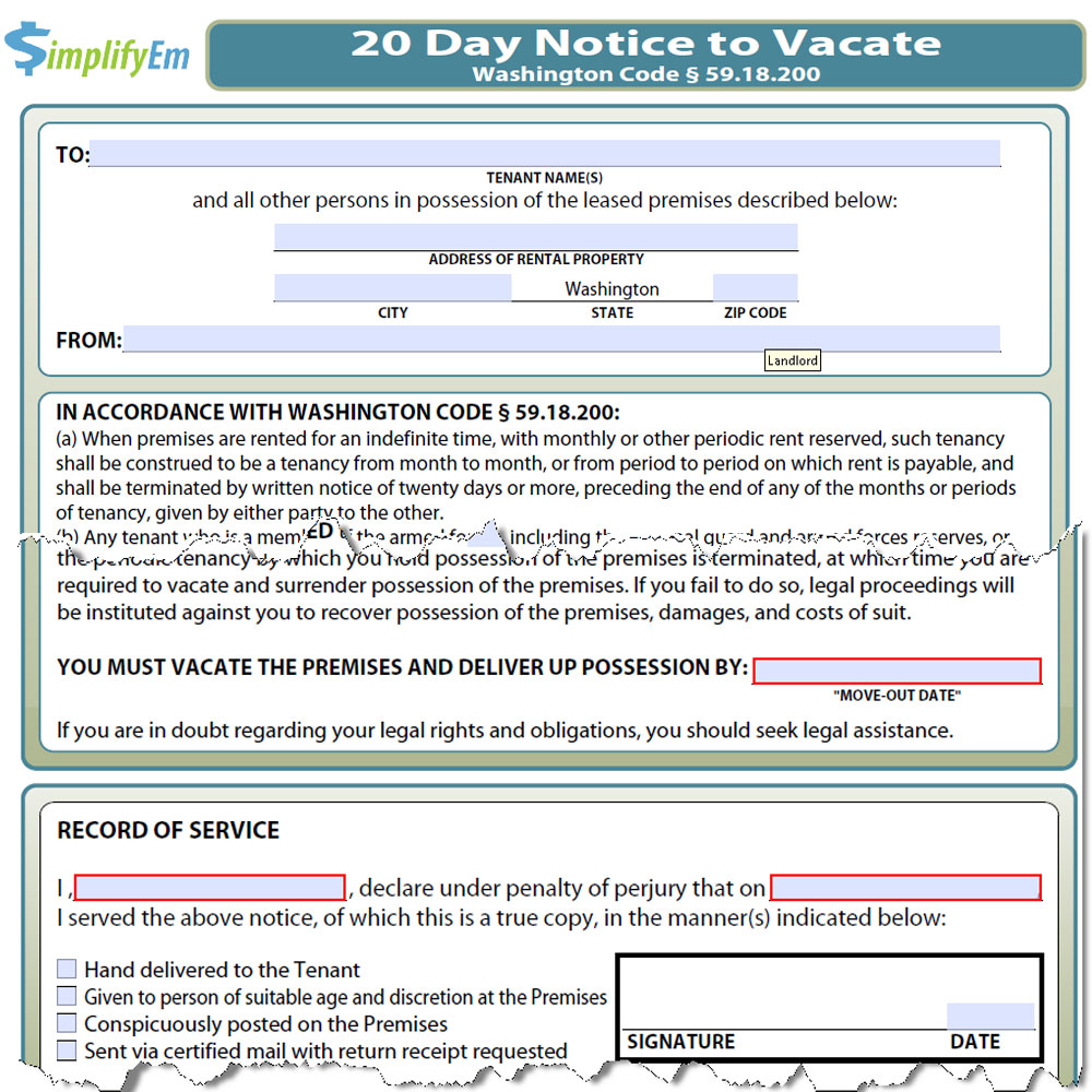 Washington Notice to Vacate | SimplifyEm.com