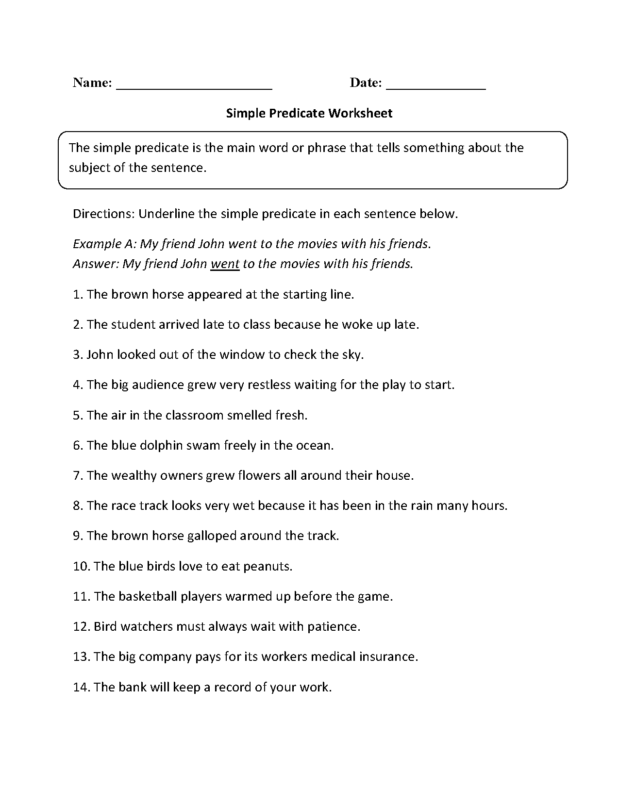 Subject and Predicate Worksheets | Simple Predicate Worksheet