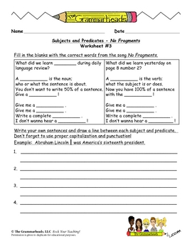 Subject &  Predicate Worksheet Packet and Lesson Plan - 8 pages ...