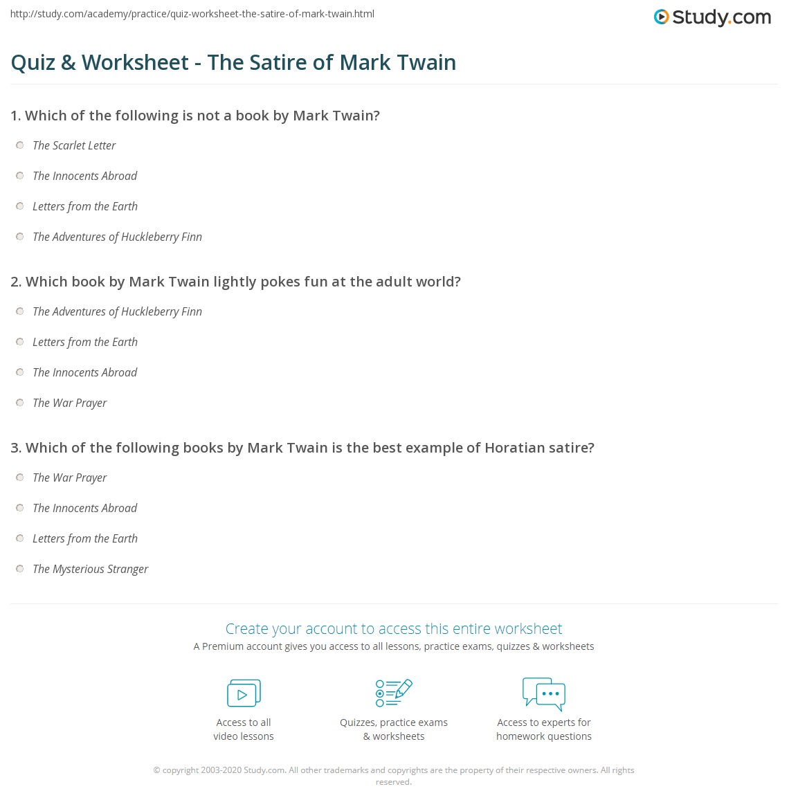 Quiz &  Worksheet - The Satire of Mark Twain | Study.com