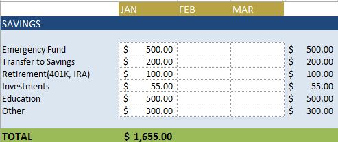 savings budget worksheet