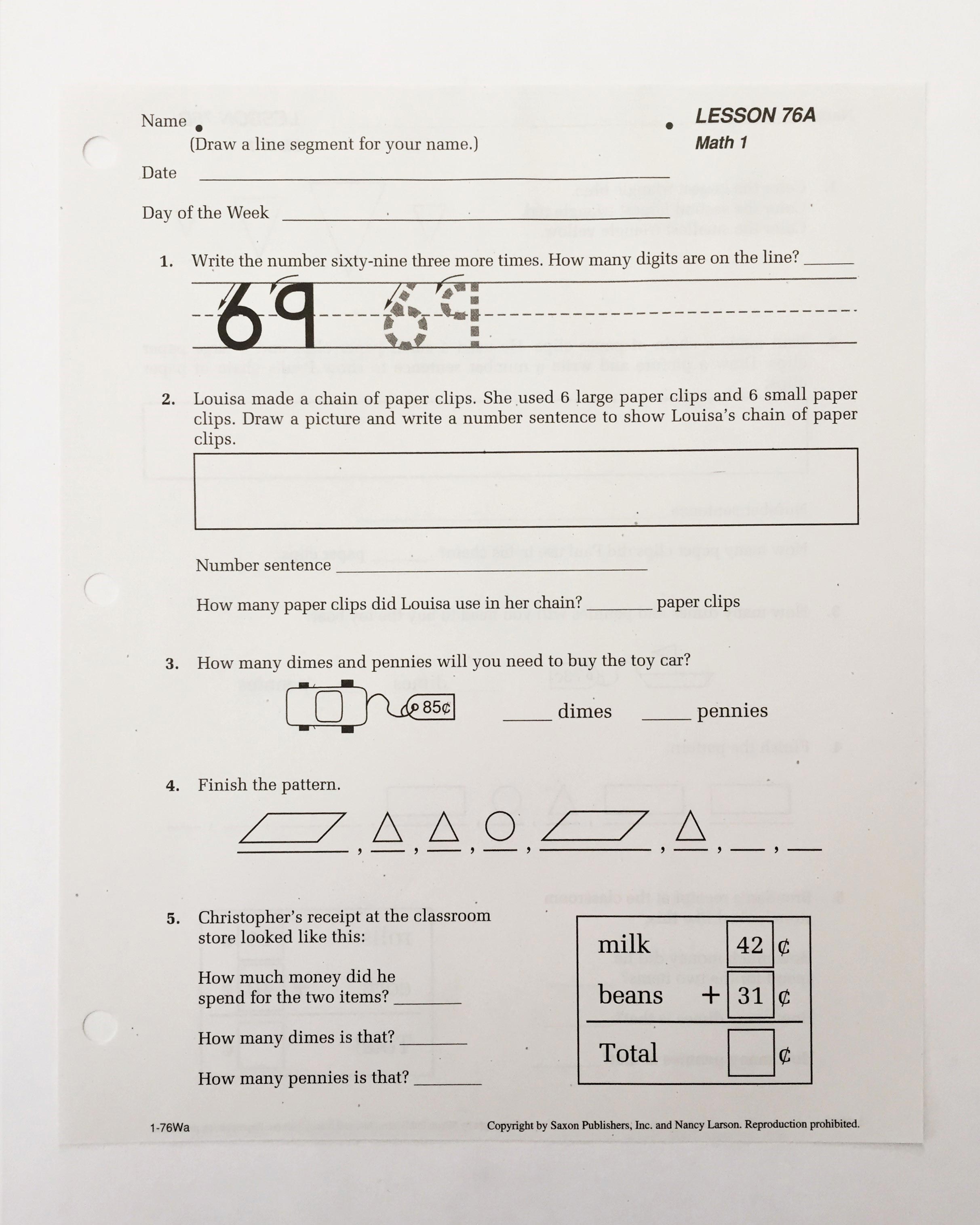 saxon math grade 3 worksheet