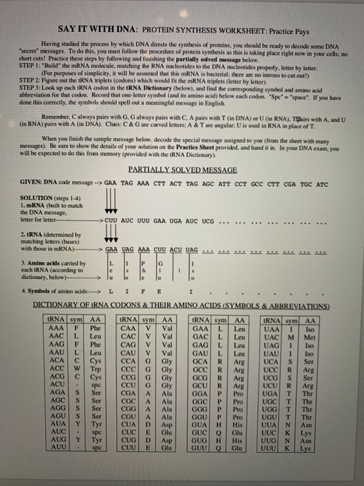 say it with dna protein synthesis worksheet answers