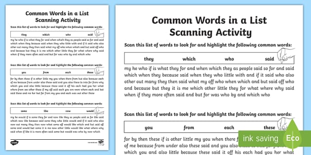 Common Words in a List Scanning Worksheet (Lehrer gemacht)