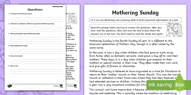 Mothering Sunday Skimming and Scanning Worksheet / Worksheet