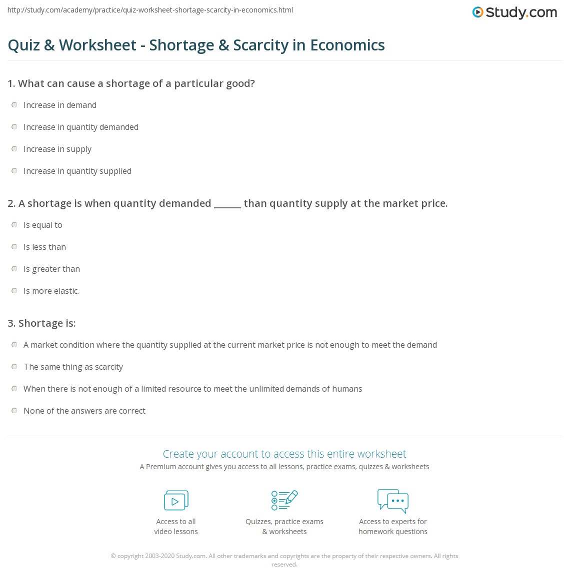 Quiz &  Worksheet - Shortage &  Scarcity in Economics | Study.com