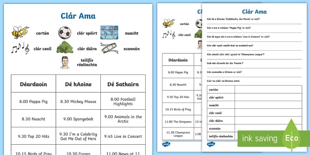 TV Schedule Worksheet Gaeilge (teacher made) - Twinkl